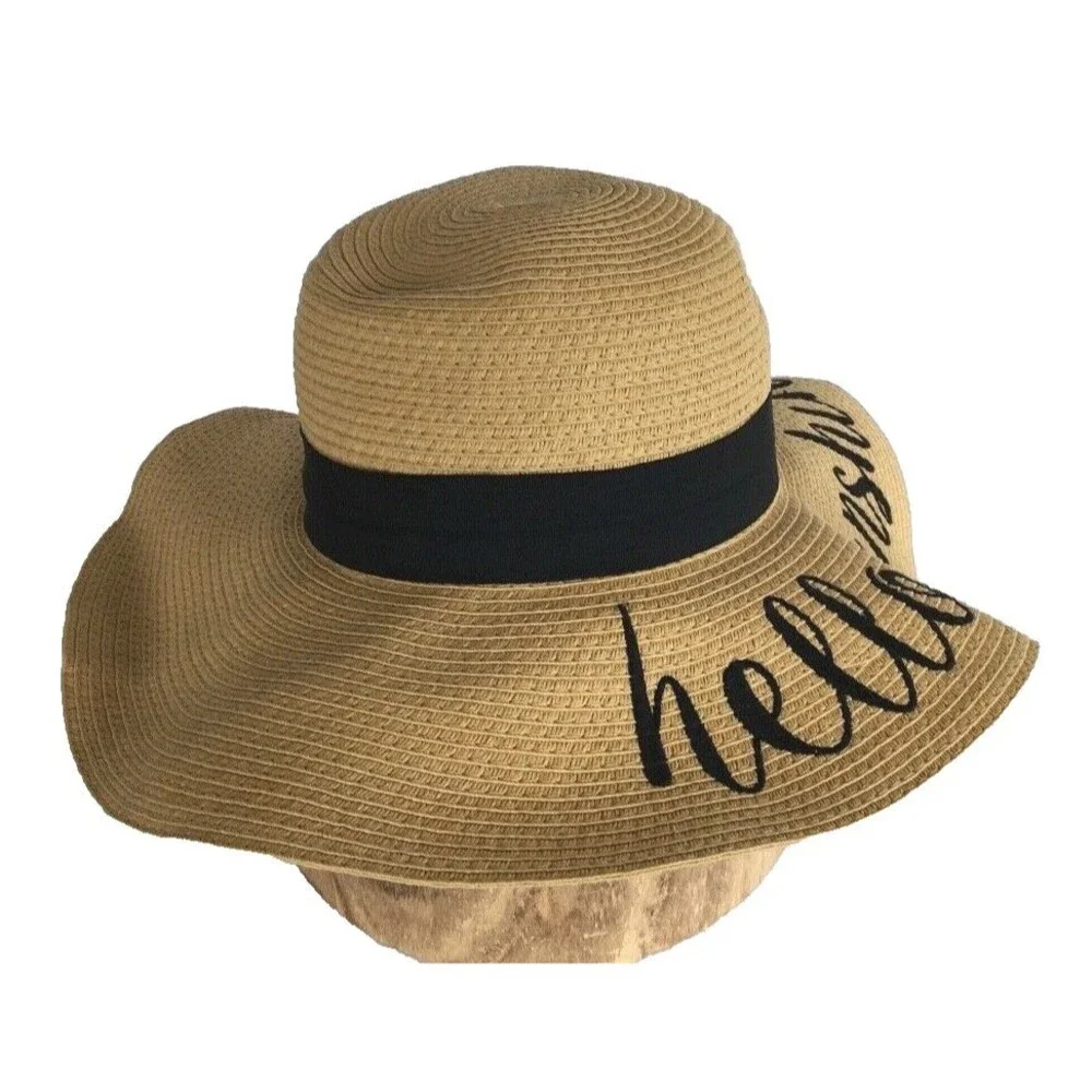 NEW Sun Hat CC Creations Beach Straw Embroidered 